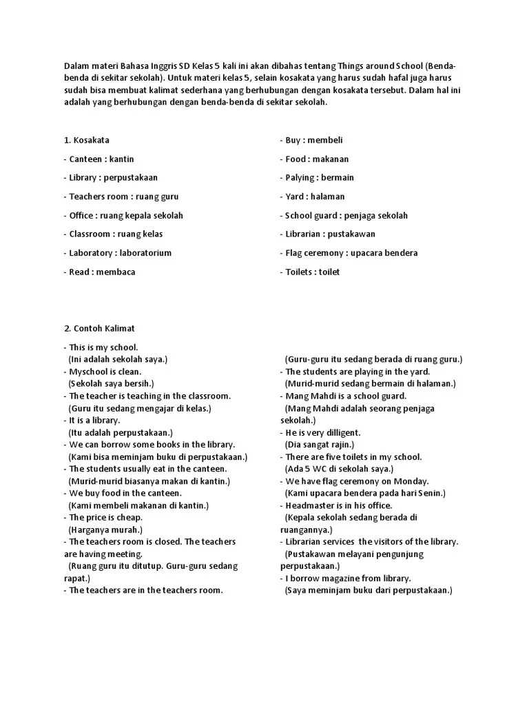 Materi Bahasa Inggris SD Kelas 5 Things Around School | PDF