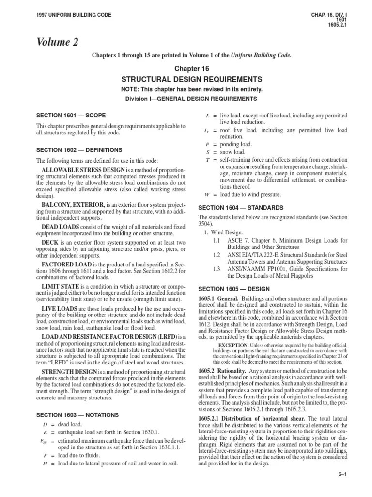 Uniform Building Code Volume 2 1997 PDF PDF Structural Load Wall