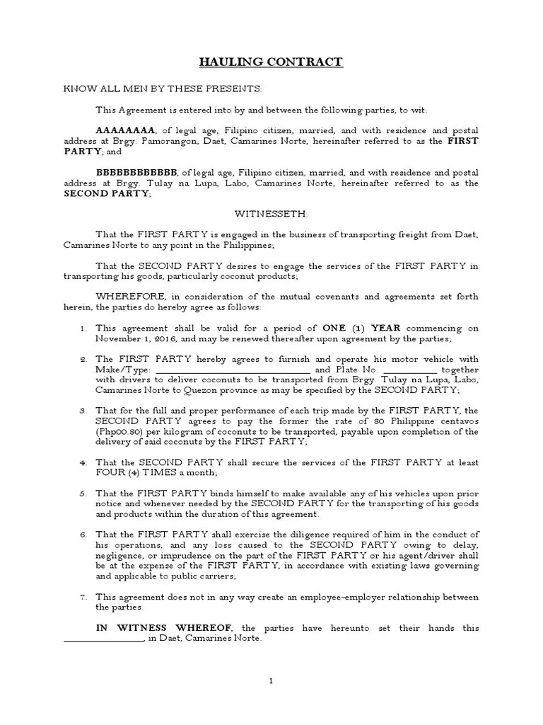 Hauling Agreement Social Institutions Social Sciences