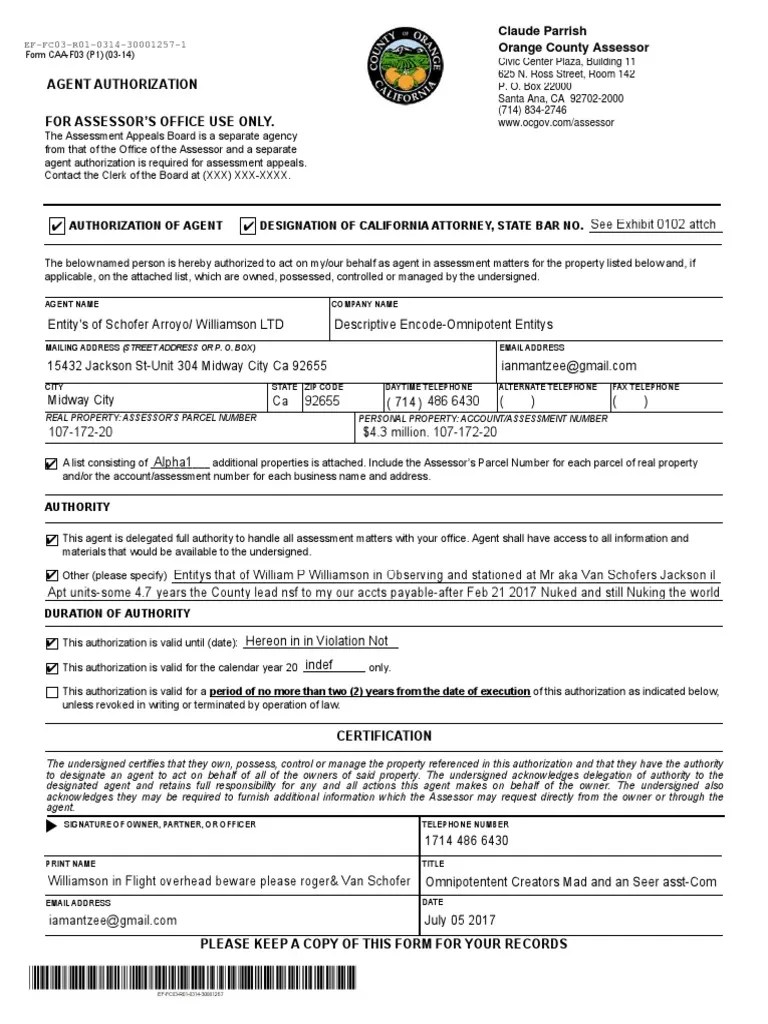 ORANGE County Form CAAFC03 For 2017 Statement of DefaultiRightful To