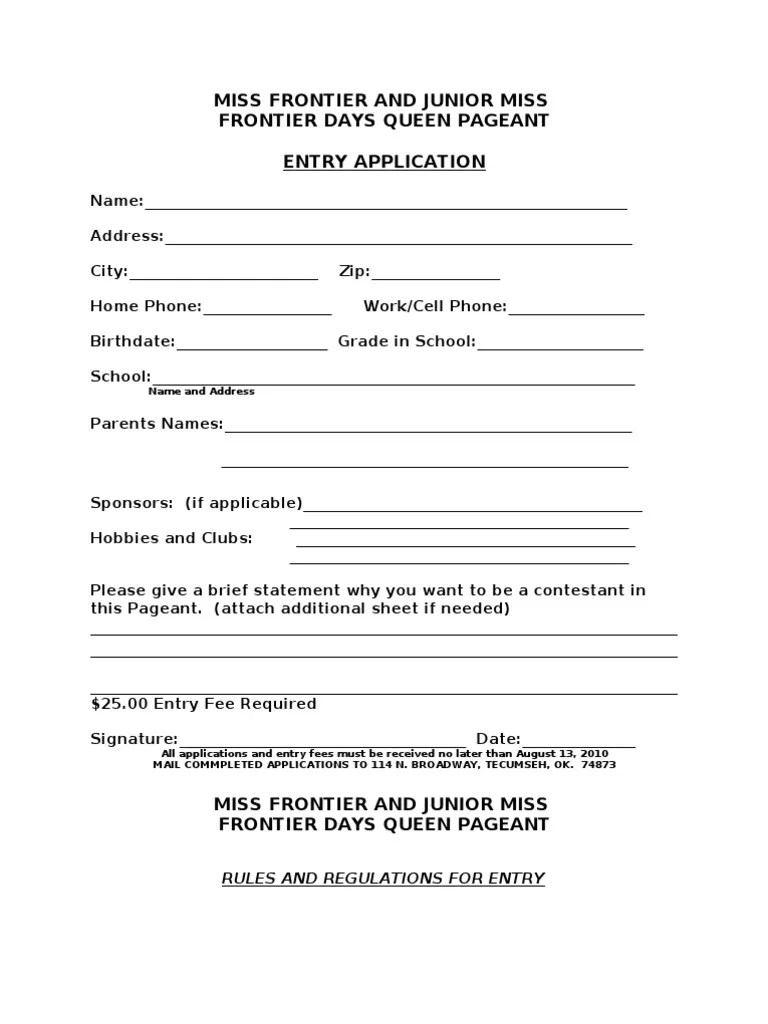Generic Miss & Jr. Miss Frontier Days Pageant Application PDF