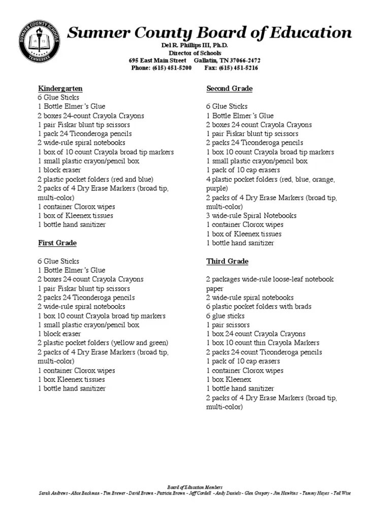 Sumner County Board of Education Kindergarten Second Grade PDF Art