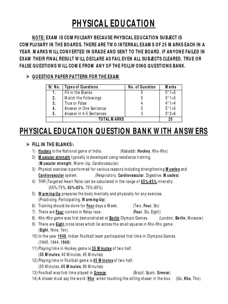 Physical Education Question Bank With Answers Muscle Physical Fitness