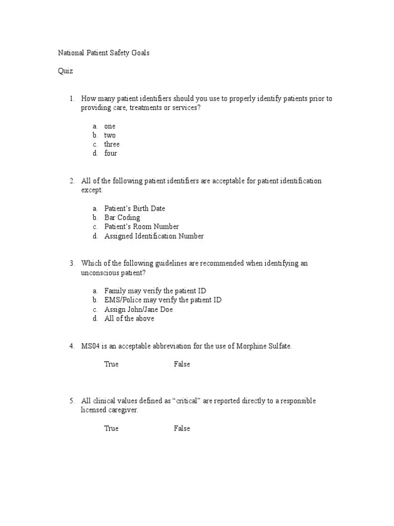 National Patient Safety Quiz Patient Patient Safety