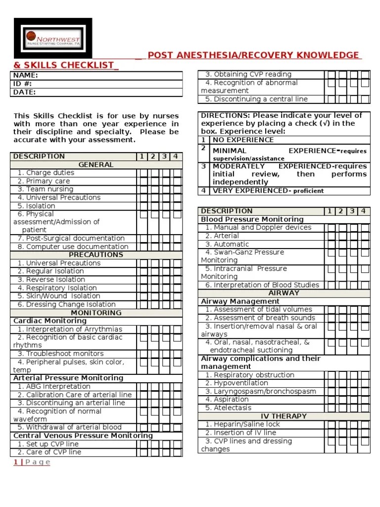 Post AnesthesiaRecovery Skills Checklist Intravenous Therapy
