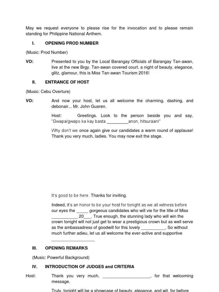 Pageant Script for Male Individual Host or Emcee Competition