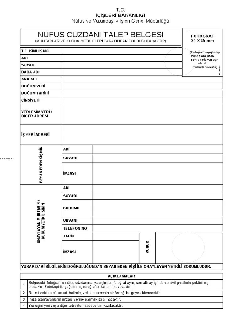 Yeni Nufus Cuzdani Talep Formu