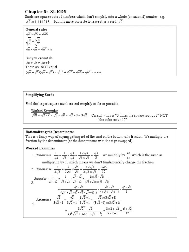 Chapter 8 Surds Fraction (Mathematics) Arithmetic