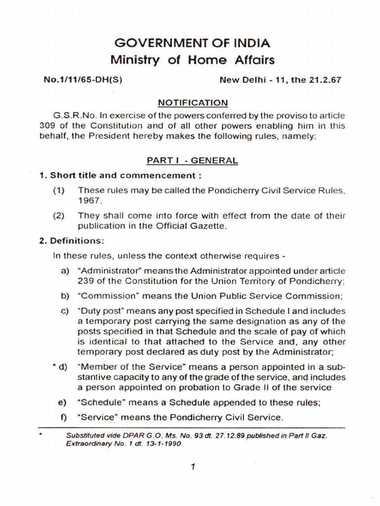 Pondicherry Civil Service Rules 1967 ss1 PDF PDF Probation Government