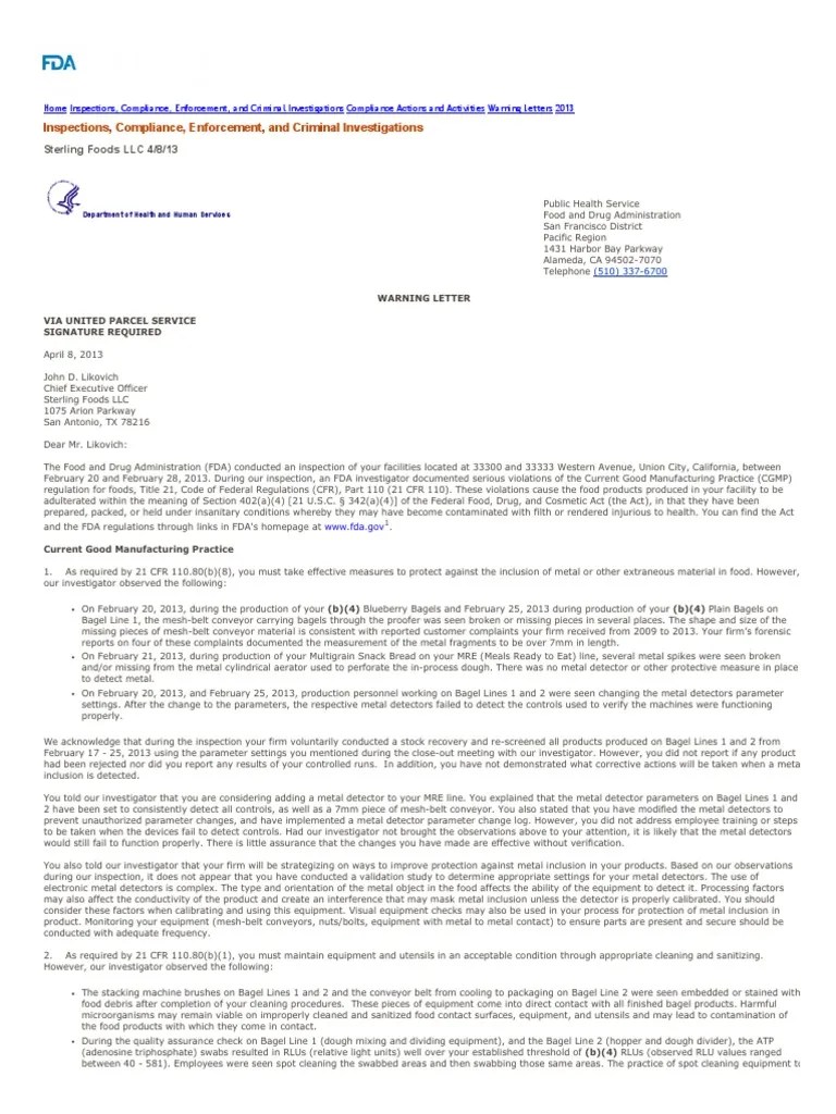 2013 FDA Warning Letter to Sterling Foods LLC 4813 Food And Drug