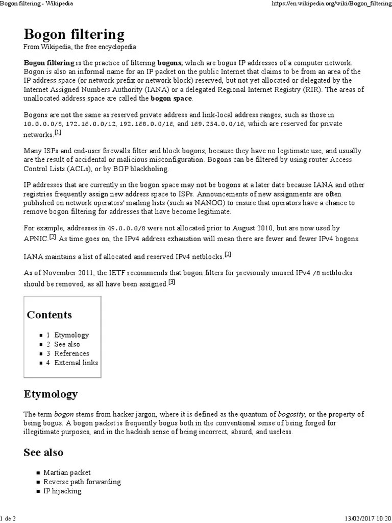 Bogon Filtering PDF Wide Area Network Protocols