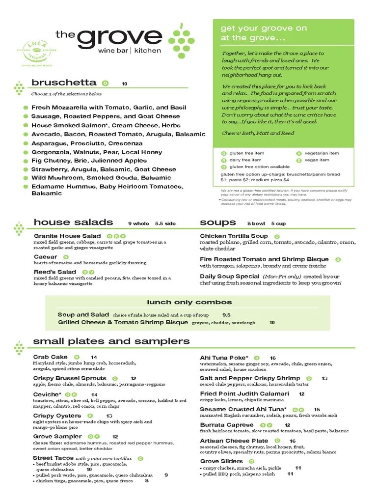 The Grove's Cedar Park Menu PDF Salad Pizza