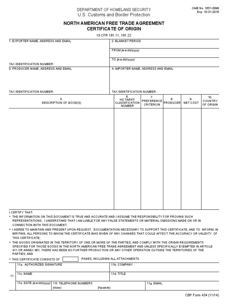 Nafta Certificate of Origin Government Politics