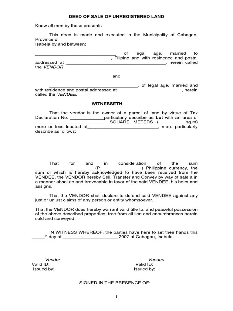 Deed of Sale of Unregistered Land Draft Deed Environmental Law