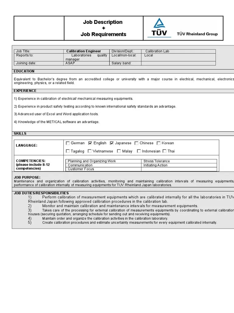 Job Description + Job Requirements Calibration Engineer PDF Calibration Competence (Human
