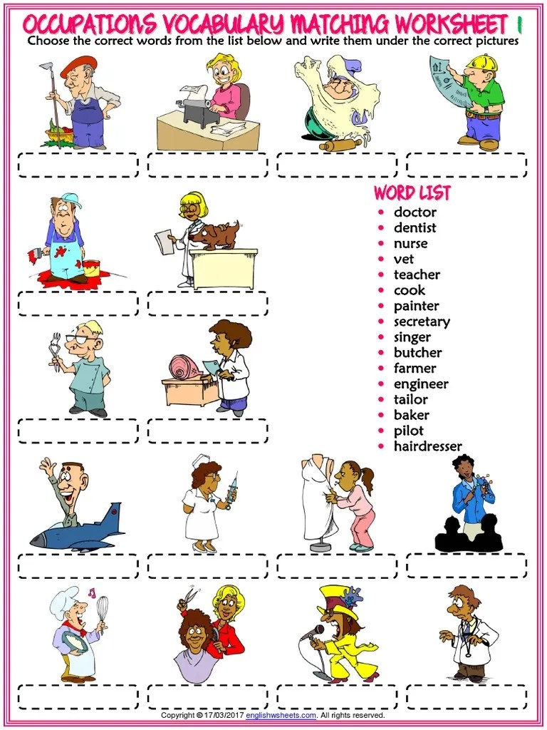 Occupations Vocabulary Esl Matching Exercise Worksheets for Kids (1