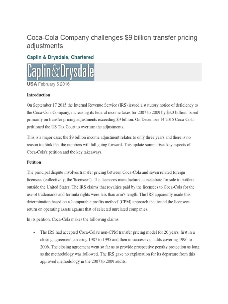 CocaCola Company Challenges 9 Billion Transfer Pricing Adjustments
