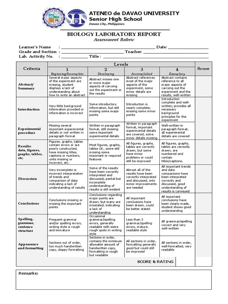 Rubric For Laboratory Activity PDF Experiment Rubric (Academic)