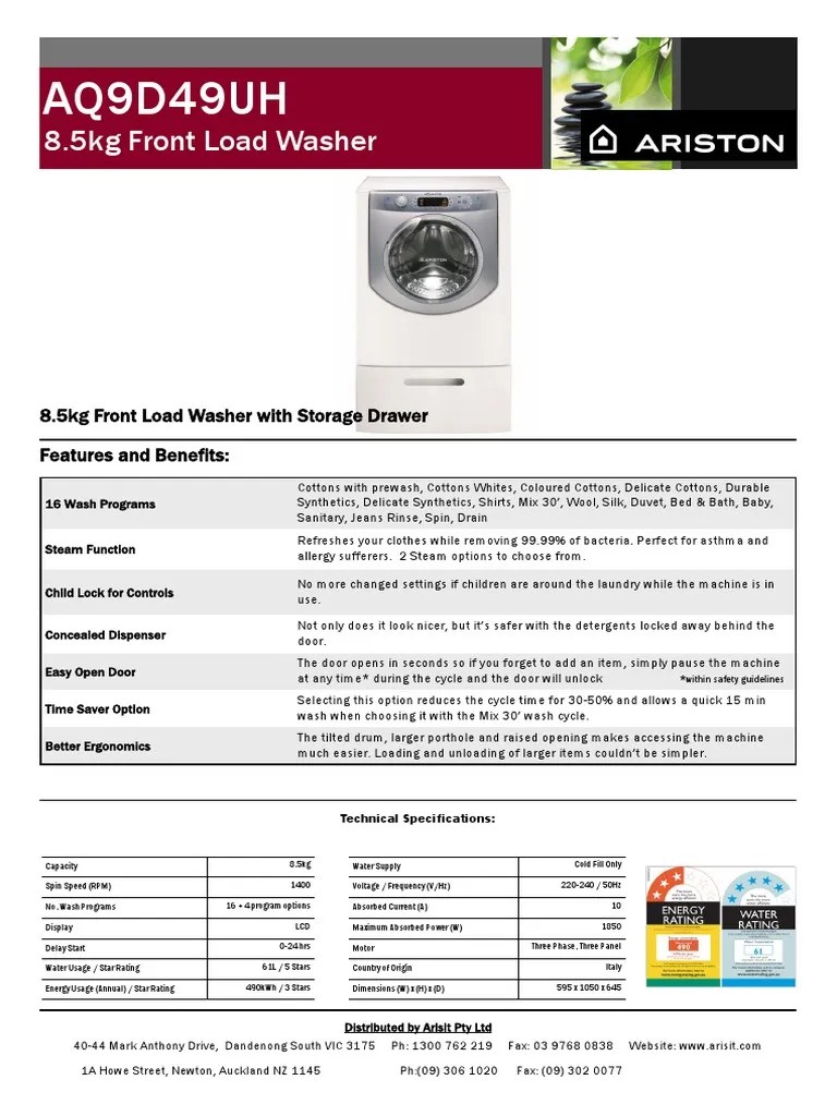 AQ9D49U Specification Sheet Washing Machine Electrical Engineering