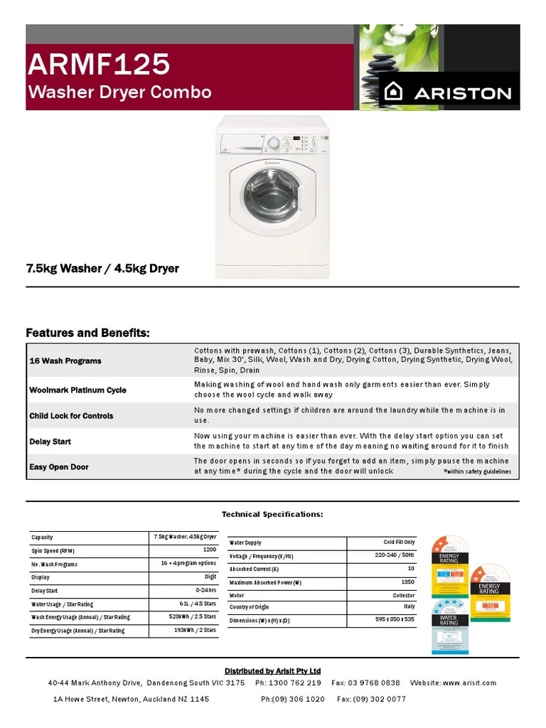 ARMF125 Specification Sheet PDF Washing Machine Electrical