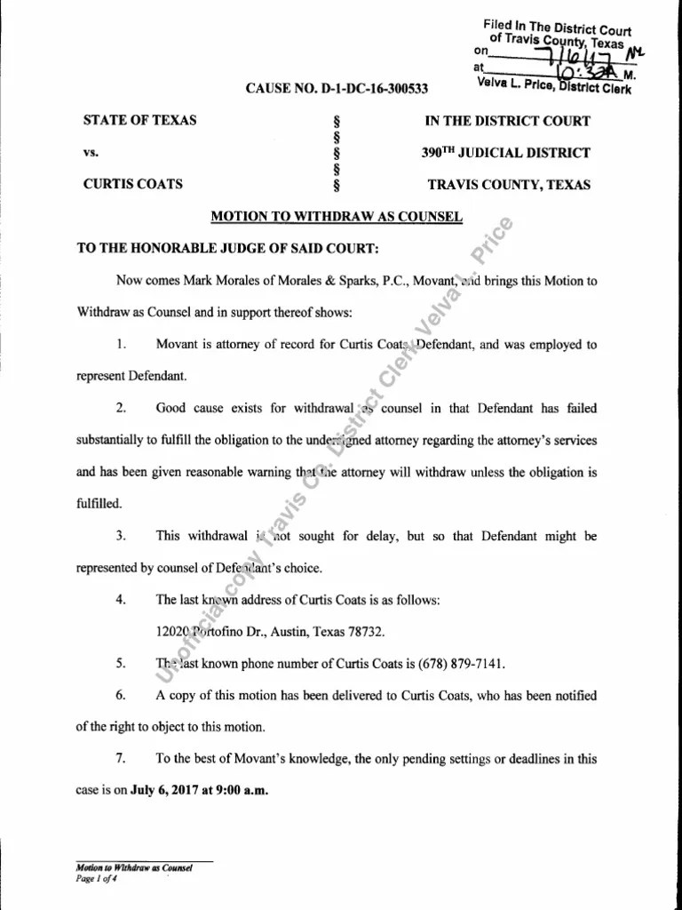 Motion to withdraw as counsel for Curtis Coats July 2017