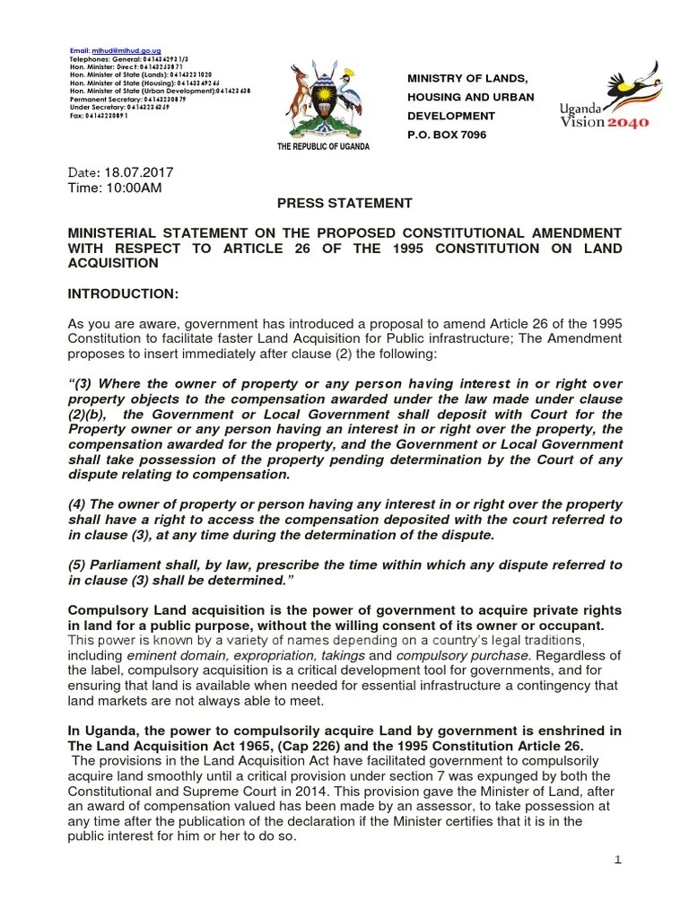 Ministerial statement on government compulsory land acquisition for