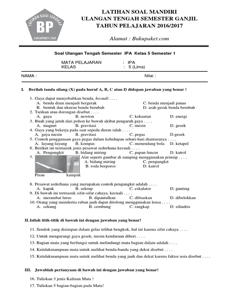 Soal UTS IPA Kelas 5 SD Semester 1