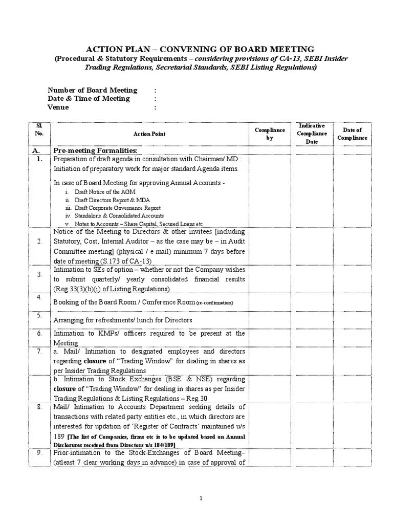 Action Plan Board Meeting Board Of Directors Chief Financial