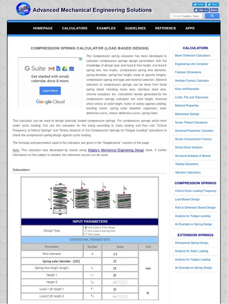 Compression Spring Calculator (Load Based Design Strength Of
