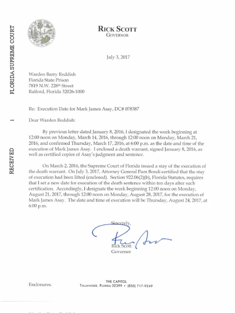 Death Warrant for Florida Death Row Inmate Mark James Asay