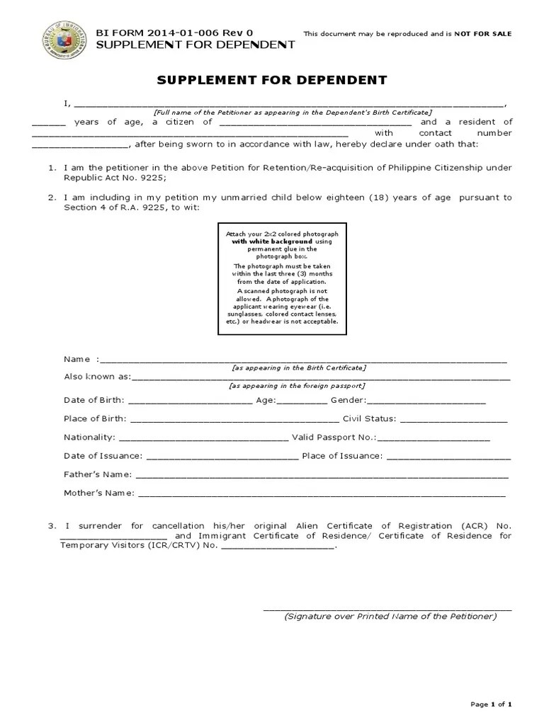 7. Supplement for Dependent RA 9225 Birth Certificate