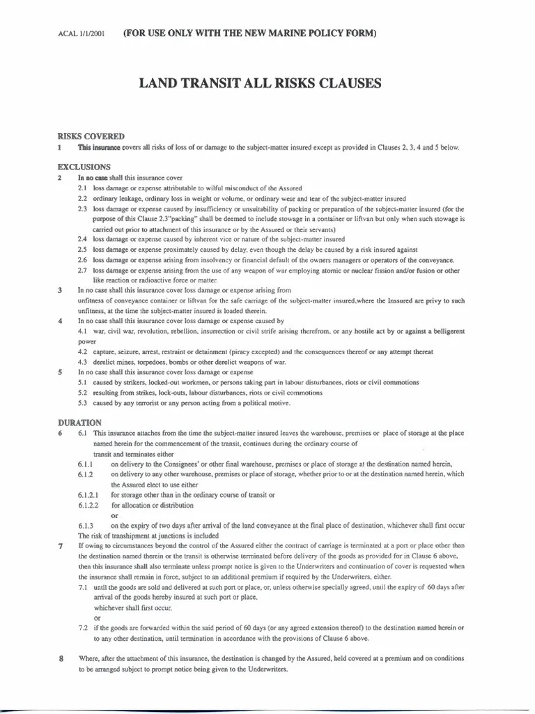 Land Transit All Risks Clauses New Marine Acal 1120011 PDF