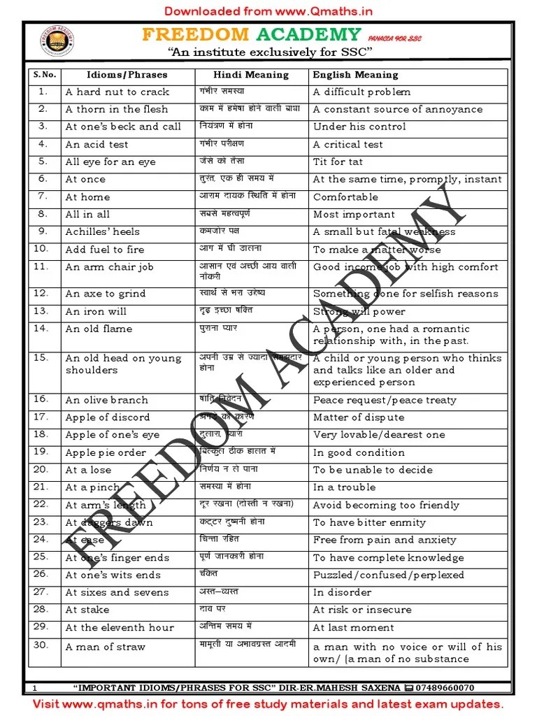 Idioms and Pharases (With Hindi+English Meaning)[www.qmaths.in] (1