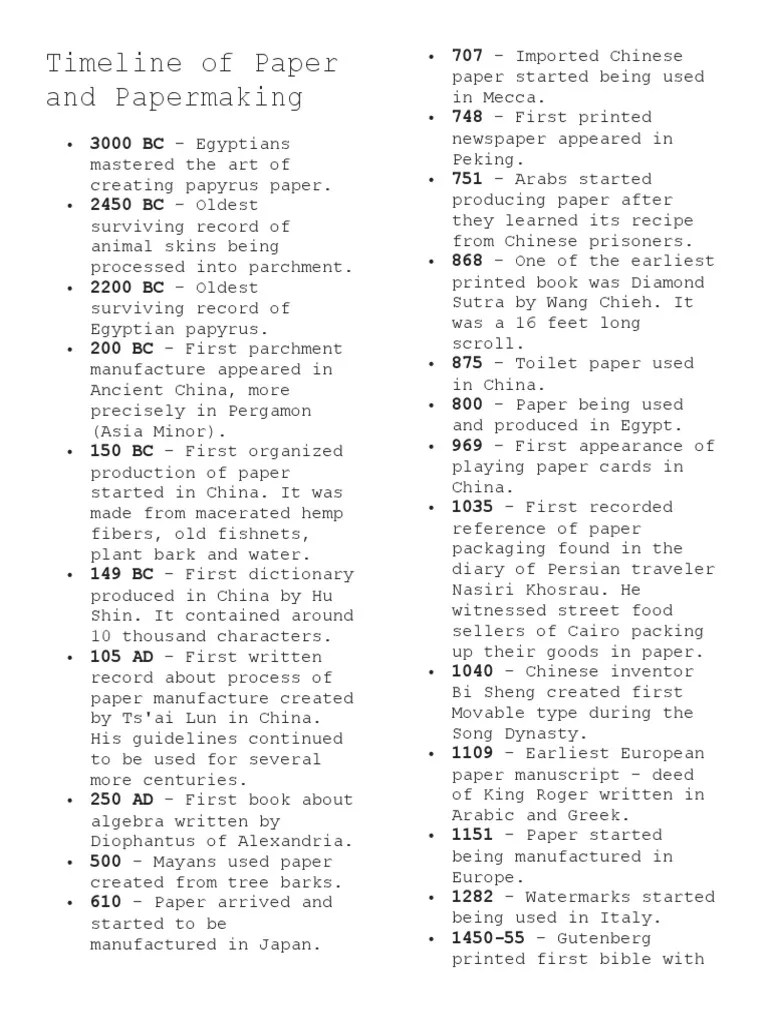 Timeline of Paper and Papermaking PDF Paper Pulp (Paper)