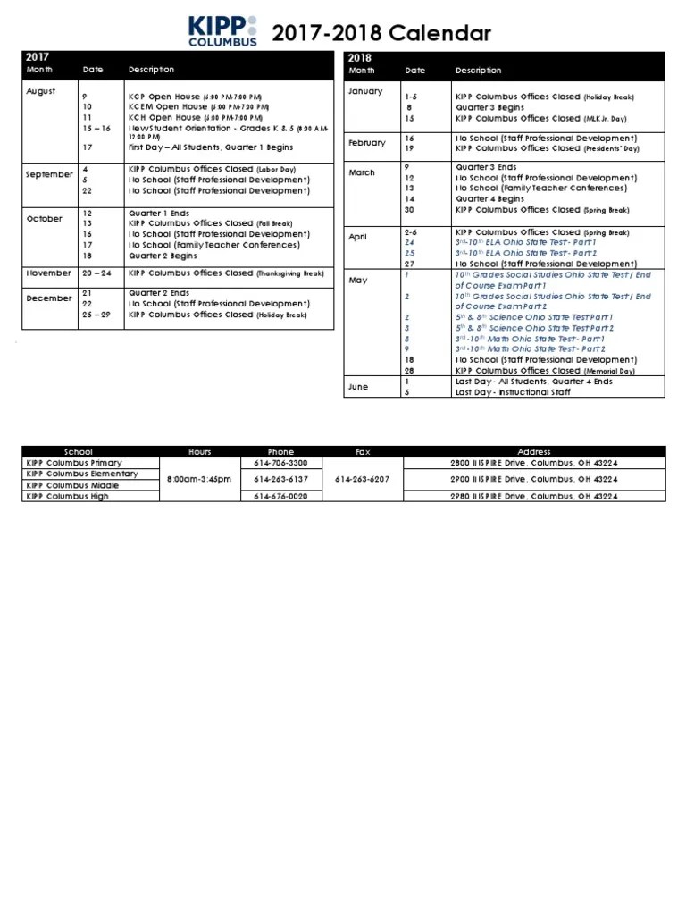 KIPP Columbus 20172018 Calendar PDF Behavior Modification Learning