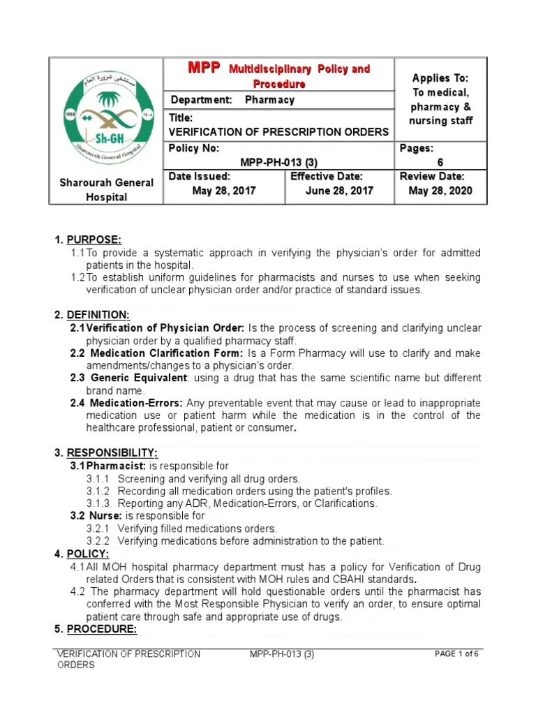 MppVerification of Prescription Orders Pharmacy Medical Prescription