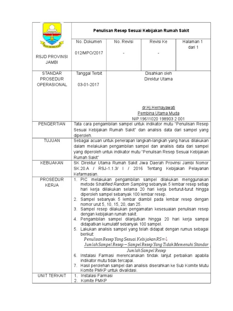Spo Pengambilan Sampel Dan Penentuan Indikator Mutu Penulisan Resep