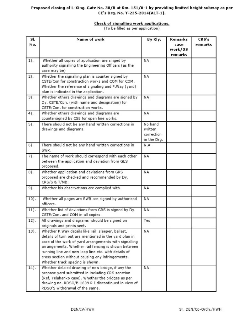 Check List CRS Track (Rail Transport) Rail Infrastructure
