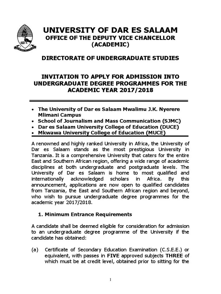 Application for University of Dar es Salaam Bachelor's Degree