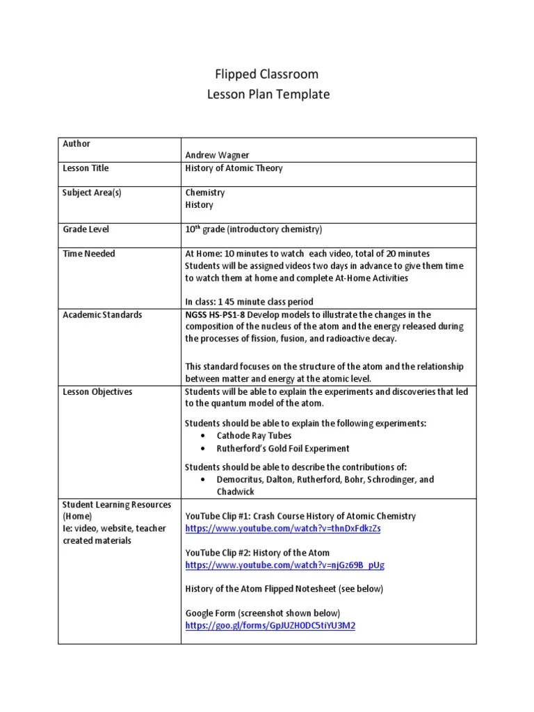 flipped classroom lesson plan template Atoms Niels Bohr
