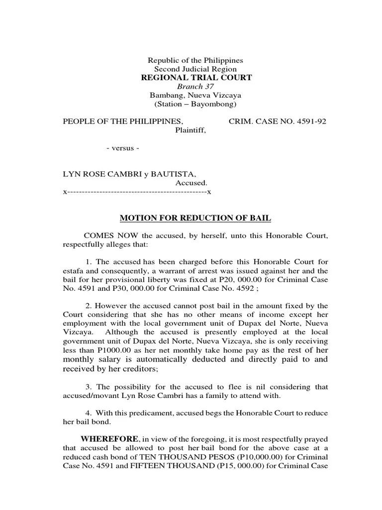 Motion To Reduce Bail Bond Cambri 459192 Bail Legal Procedure