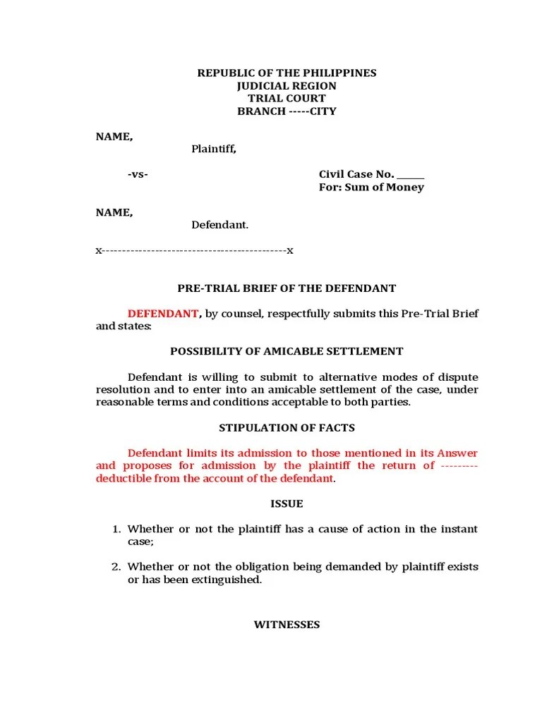 PreTrial Brief Form Brief (Law) Settlement (Litigation)