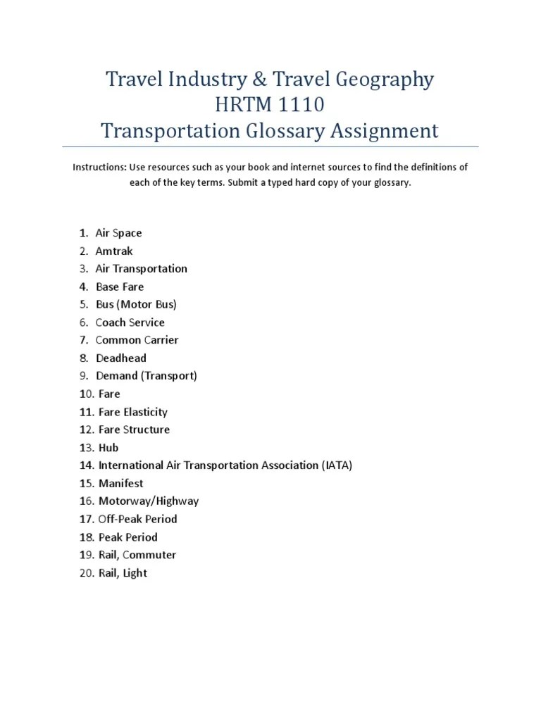 Travel Industry & Travel Geography HRTM 1110 Transportation Glossary