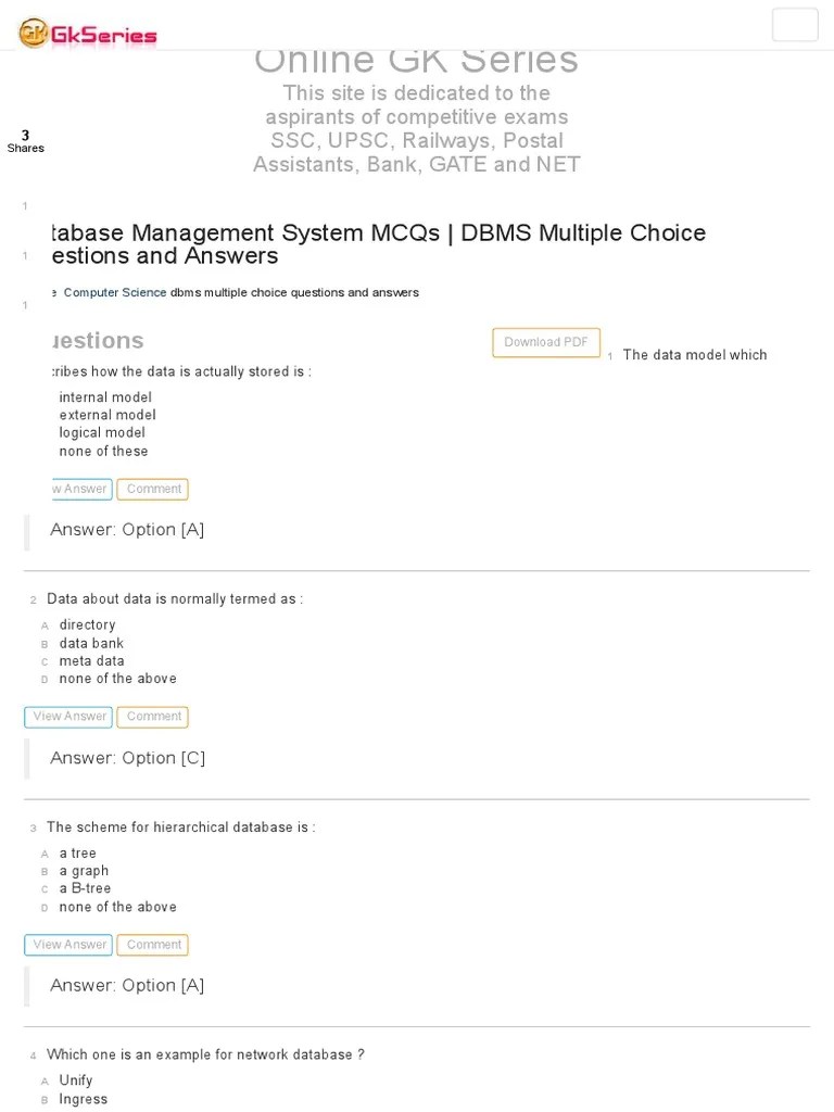 DBMS MCQs _ Chapterwise Database Management Multiple Choice Questions