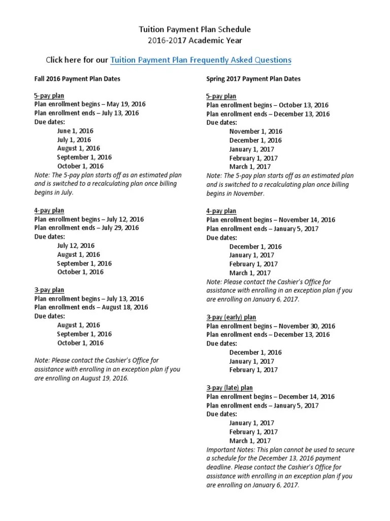 Tuition Payment Plan Schedule Payments Money