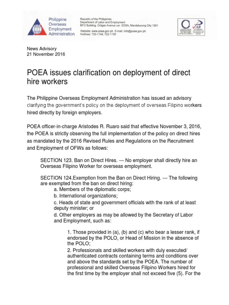 POEA Rules Direct Hire Employment Travel Visa