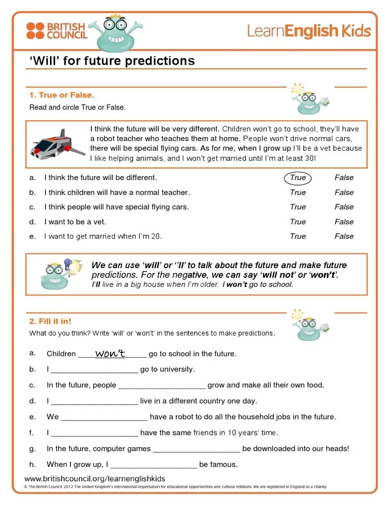 Future Predictions with 'Will' Worksheet PDF