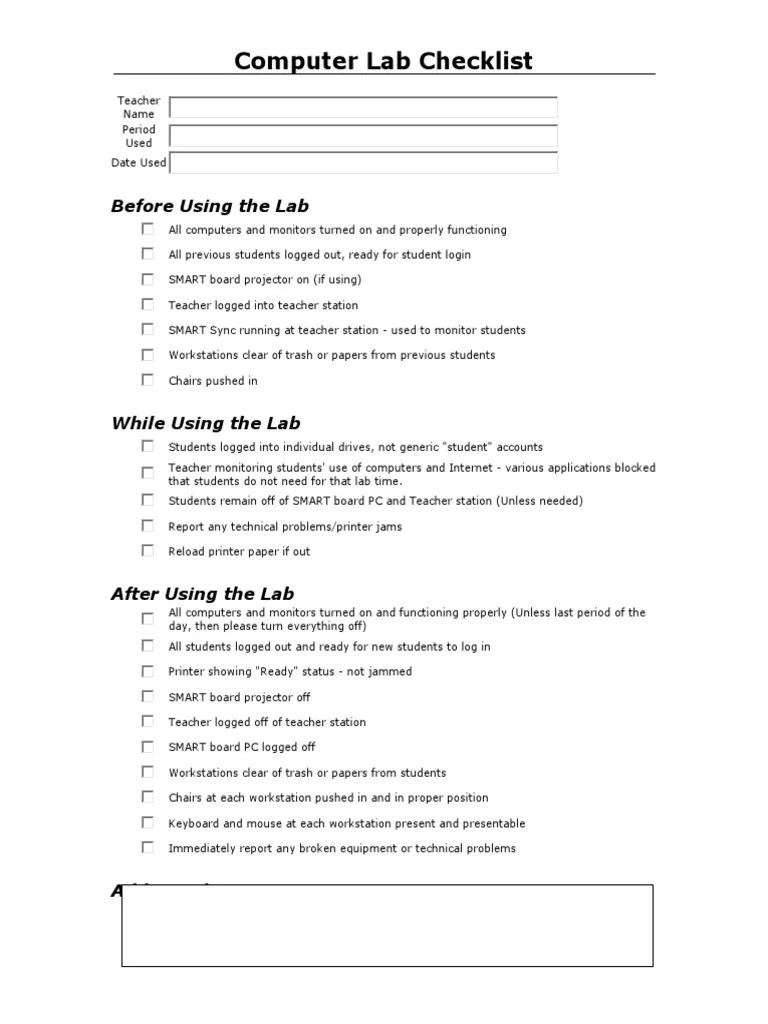 Computer Lab Checklists PDF Laptop Personal Computers