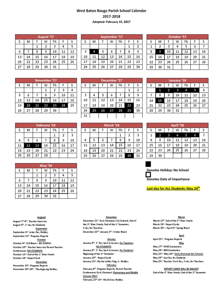 west baton rouge parish school calendar 2017 2018 adopted 2 15 Academic Term Unrest