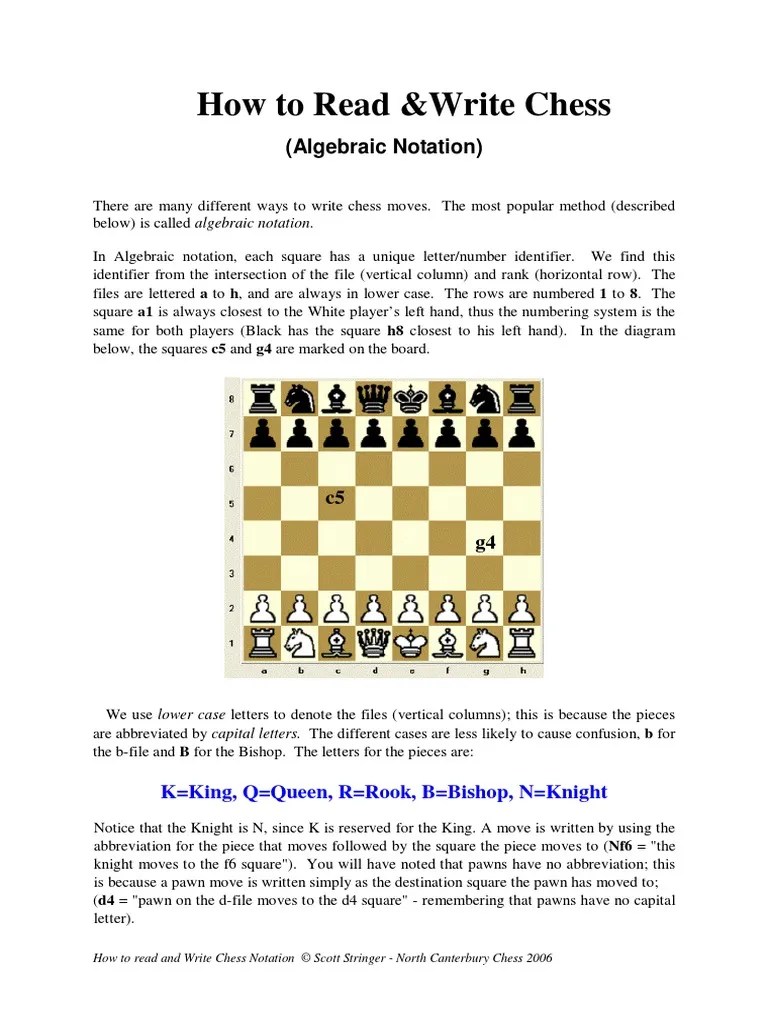 How To Read &write Chess (Algebraic Notation) PDF Chess Chess Theory